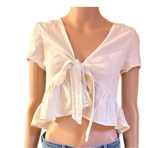 John Galt Linen Blend Tie Front Crop Top OS